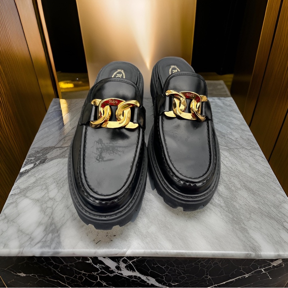 TOD'S Gomma Pesante embellished glossed-leather slide in loafers